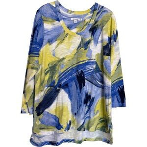 Chico's Watercolor Slub Scoop Neck Tee Luxuriously Top Soft Blue Yellow Sz 2 / L